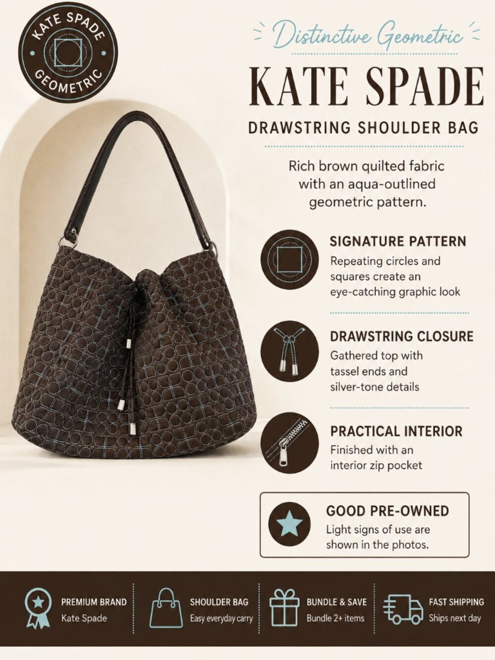 Kate Spade | Brown Geometric Drawstring Shoulder Bag